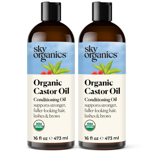 Sky Organics Castor Oil (2x16oz) USDA Organic Cold-Pressed Unrefined100% Pure Hexane-Free Castor Oil Conditioning & Healing For Dry Skin, Hair Growth for Eyelashes & Eyebrows -Use with Castor Oil Pack