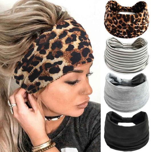 Acenail Wide Headbands Women Knotted Turban Headband Elastic Non Slip Hairbands Boho Head Wraps Leopard Athletic Head Bands Workout Running Sports Sweatbands Cotton Yoga Hair Scarfs African Head Wrap Bohemian Hair Accessories for Women and Girls Pack of 4