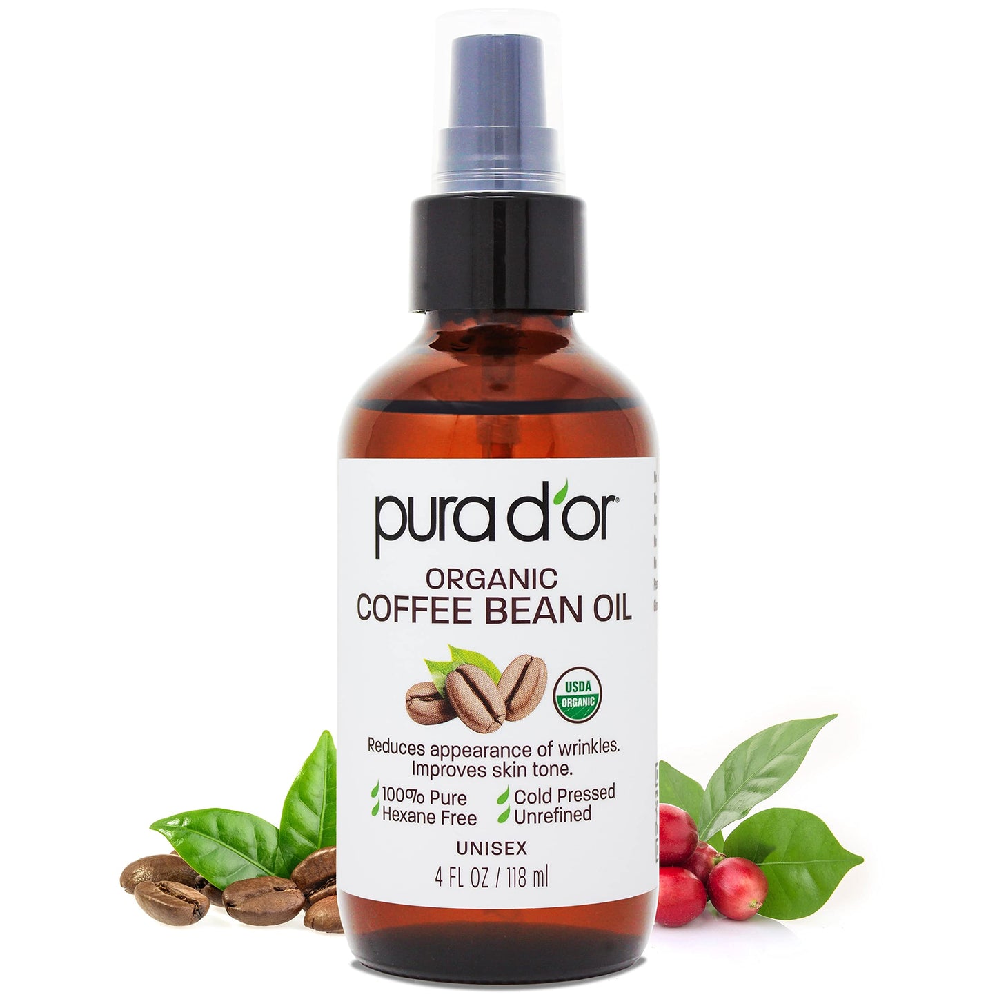 PURA D'OR Organic Coffee Bean Oil (4oz / 118mL) 100% Pure USDA Certified Premium Grade Natural Moisturizer, Cold Pressed, Unrefined, Hexane-Free Base Carrier Oil for DIY Skin Care For Men & Women