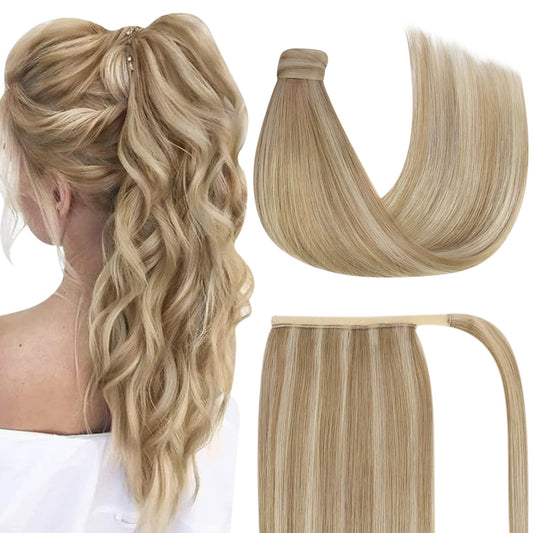 Ve Sunny Human Hair Ponytail Blonde Ponytail Extensions Human Hair Light Blonde Mix Golden Blonde Real Human Hair Extension Ponytail Highlights Blonde Human Hair Ponytail Hair Extensions 16inch 80g