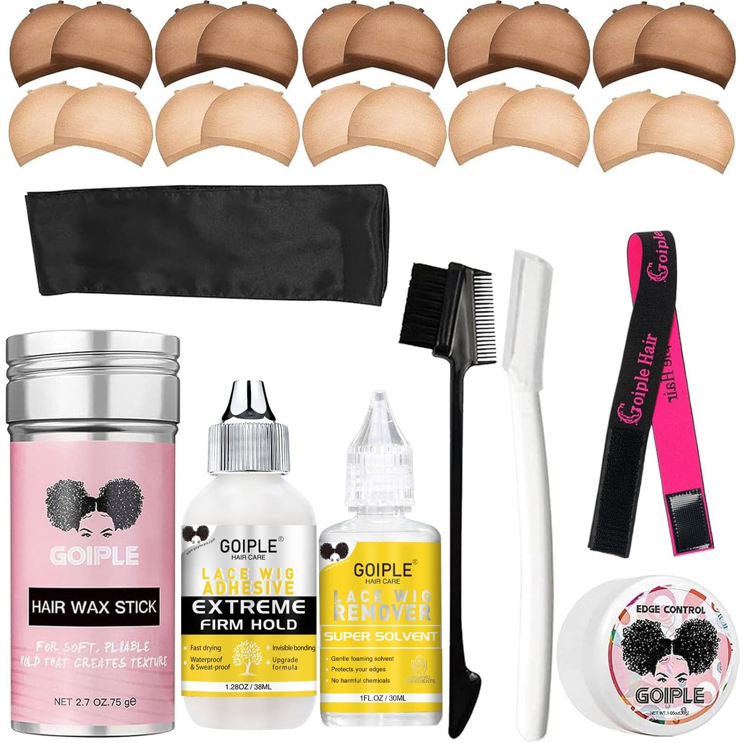 Wig Accessory Essentials Kit Lace Front Wig Glue & Remover, Wig Caps, Elastic Band, Hair Wax Stick, Edge Control, Edge Brush, Hair Shear Dermaplanning Razor Tool and Edge Scarf - 28PCS