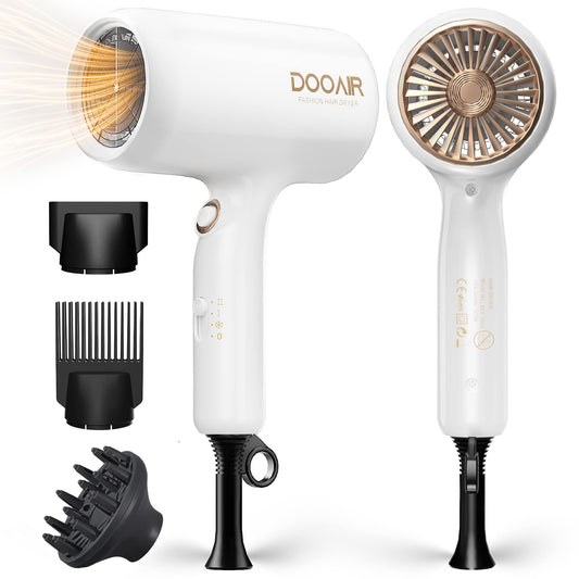 Ionic Hair Dryer with Diffuser, DOOAIR Blow Dryer with Comb and Concentrator Professional Hair Dryer for Curly Hair, Negative Ion Technology, Constant Temperature Hair Care for Lightweight (White)