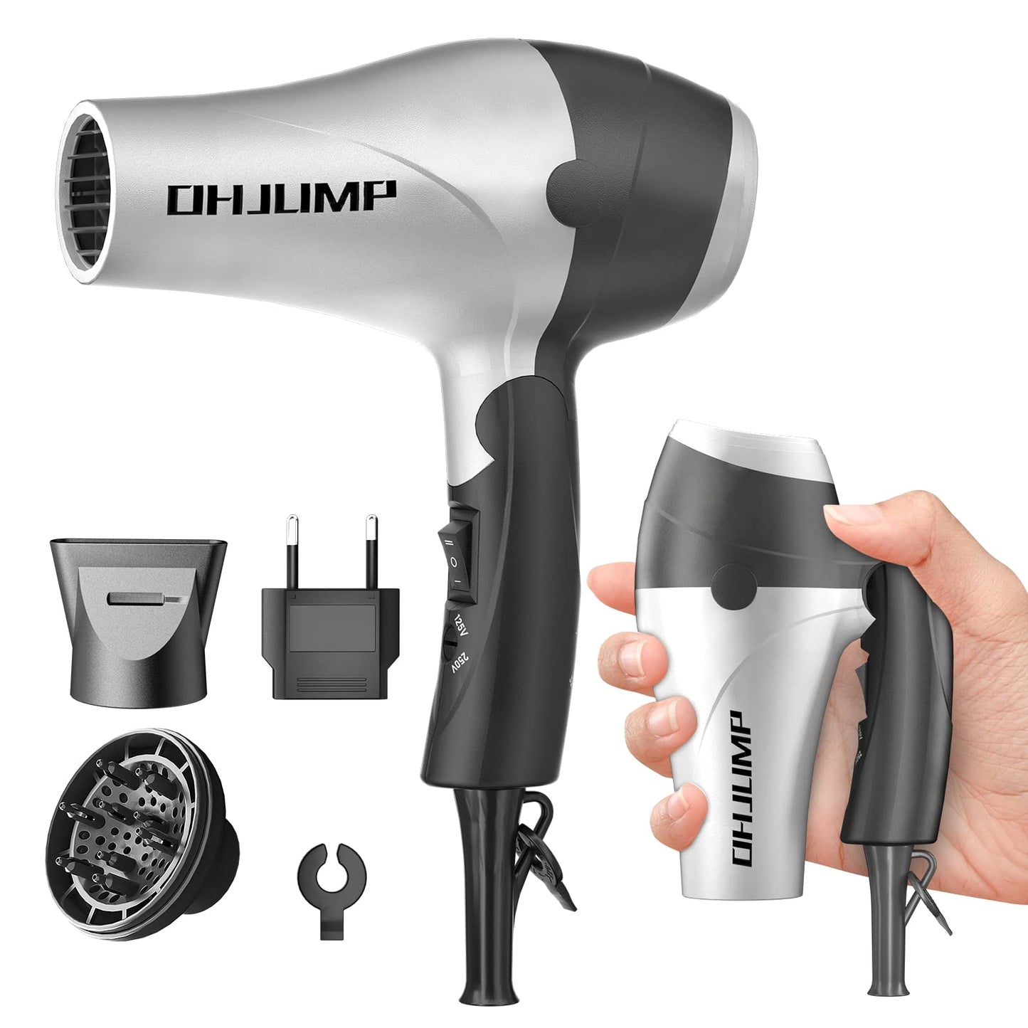 OHJUMP Mini Travel Hair Dryer Blow with Diffuser,Portable Small Dual Voltage Compact Hairdryer,EU Plug,1875W,Powerful Fast Dry,Folding Handle,Diffuser Dryer( Silvery）