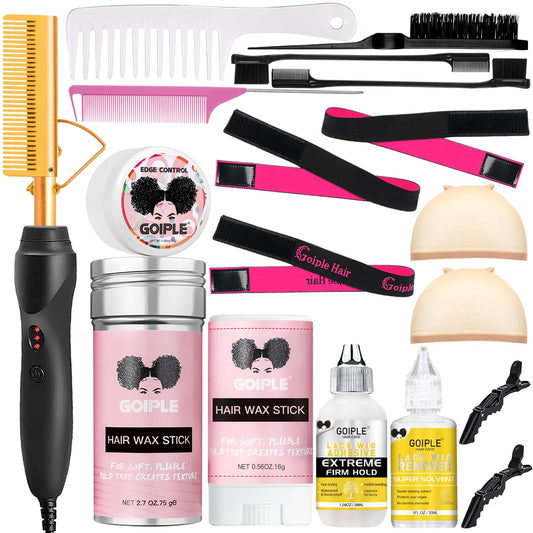 Goiple Electric Hot Comb Hair Straightener, Deluxe Electrical Straightening Comb Curling Iron for Natural Black Hair Wigs Pressing Combs with Wig Glue Hair Wax Stick Set