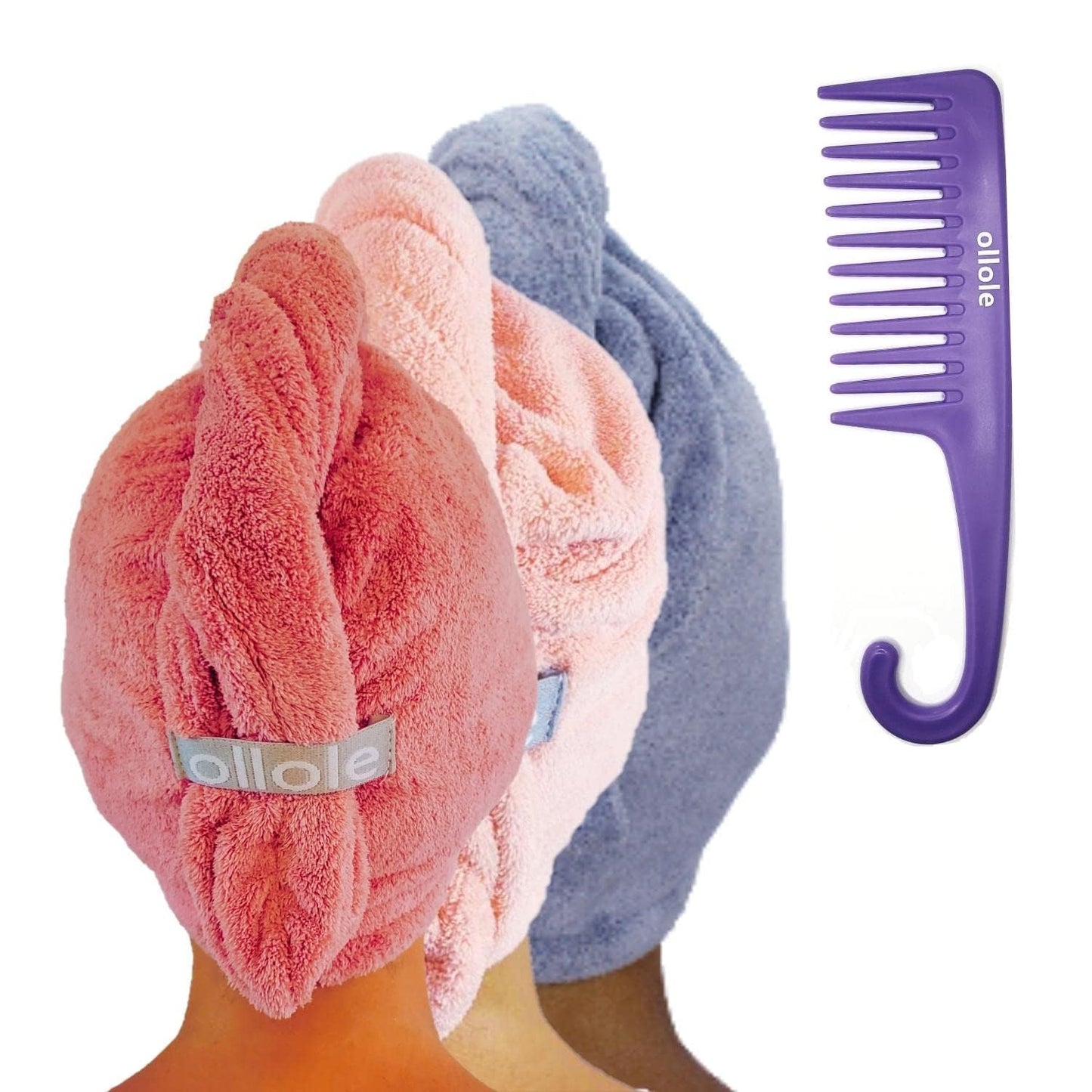 ollole Microfiber Hair Towel Wrap Extra Large, 3 Pack+Wide Tooth Comb. Absorbent,Quick Dry,Anti Frizz. for Long Curly & Thick Hair (Size 10" x 29.5") Essential Accessorie (Rose, Blue, Pink)
