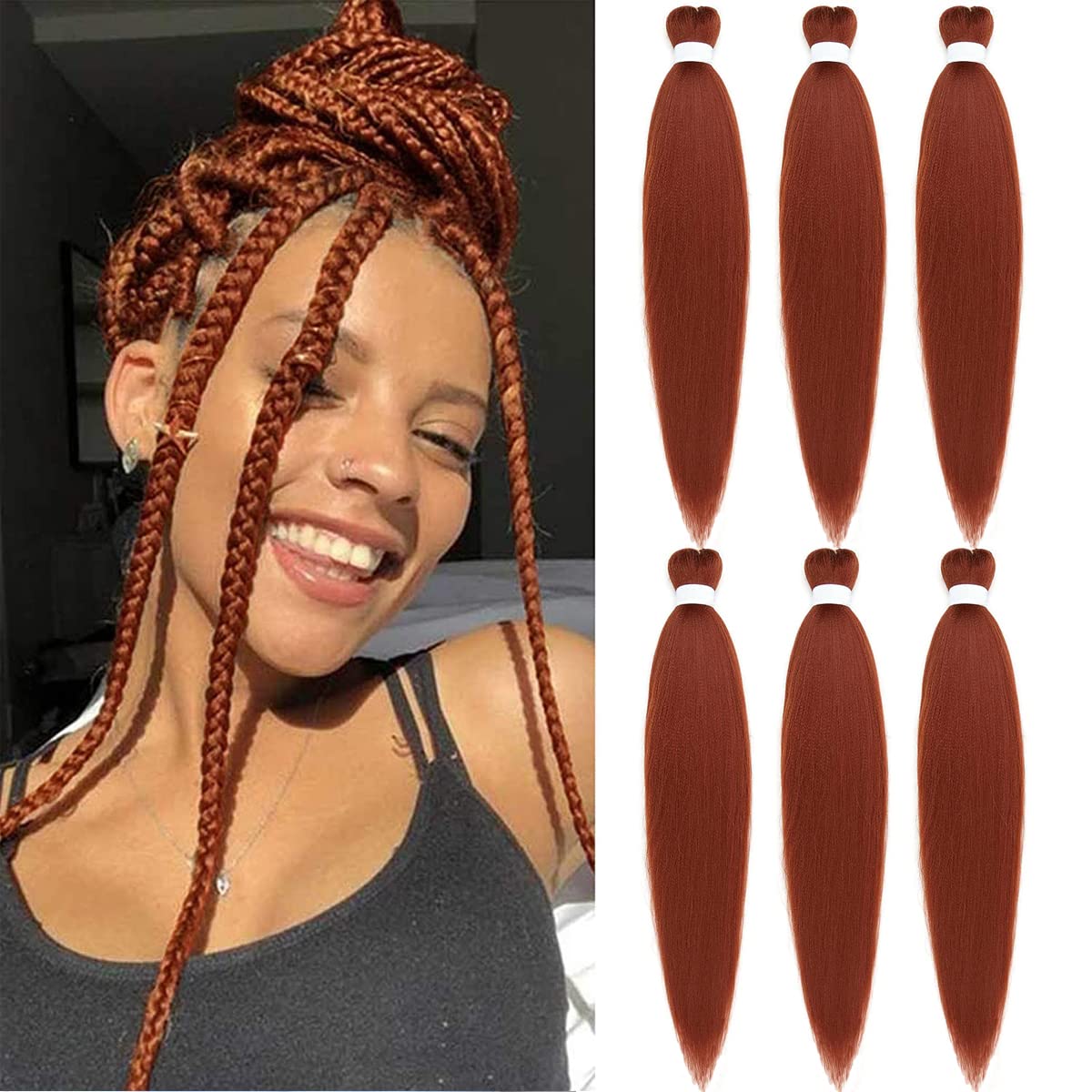 Ginger Braiding Hair Pre Stretched Copper EZ Braiding Hair Yaki Texture 6 Packs/Lot 26 Inches Braids Hot Water Setting Professional Synthetic Braiding Hair for Box Crochet Hair Extensions (#350)