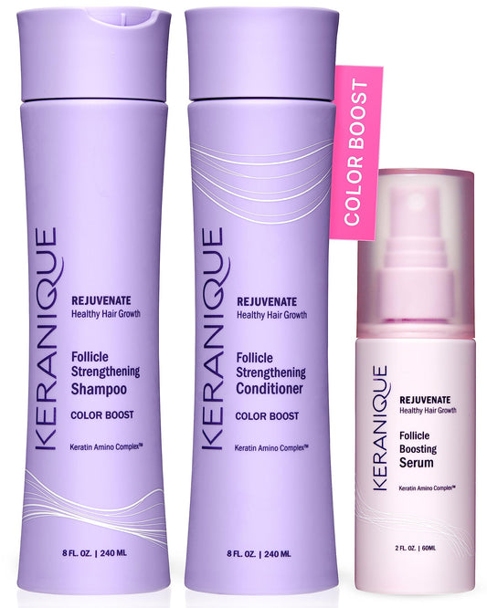 Keranique Color Treated Shampoo and Conditioner Set with Follicle Booster Hair Serum - Keratin Enriched Color Boost Set w/Shampoo, Conditioner & Thickening Spray for Women w/Fine, Thin, Colored Hair