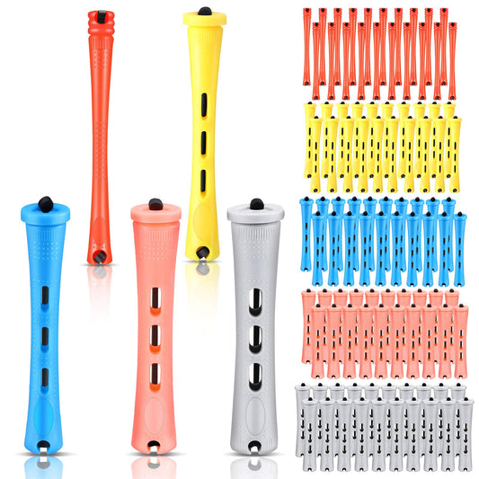 100 Pieces Hair Perm Rods Non-Slip Hair Rollers Plastic Cold Wave Perming Rods with Elastic Rubber Band Short Curlers Rod for Hairdressing Styling (Multi-color,Multi-size)