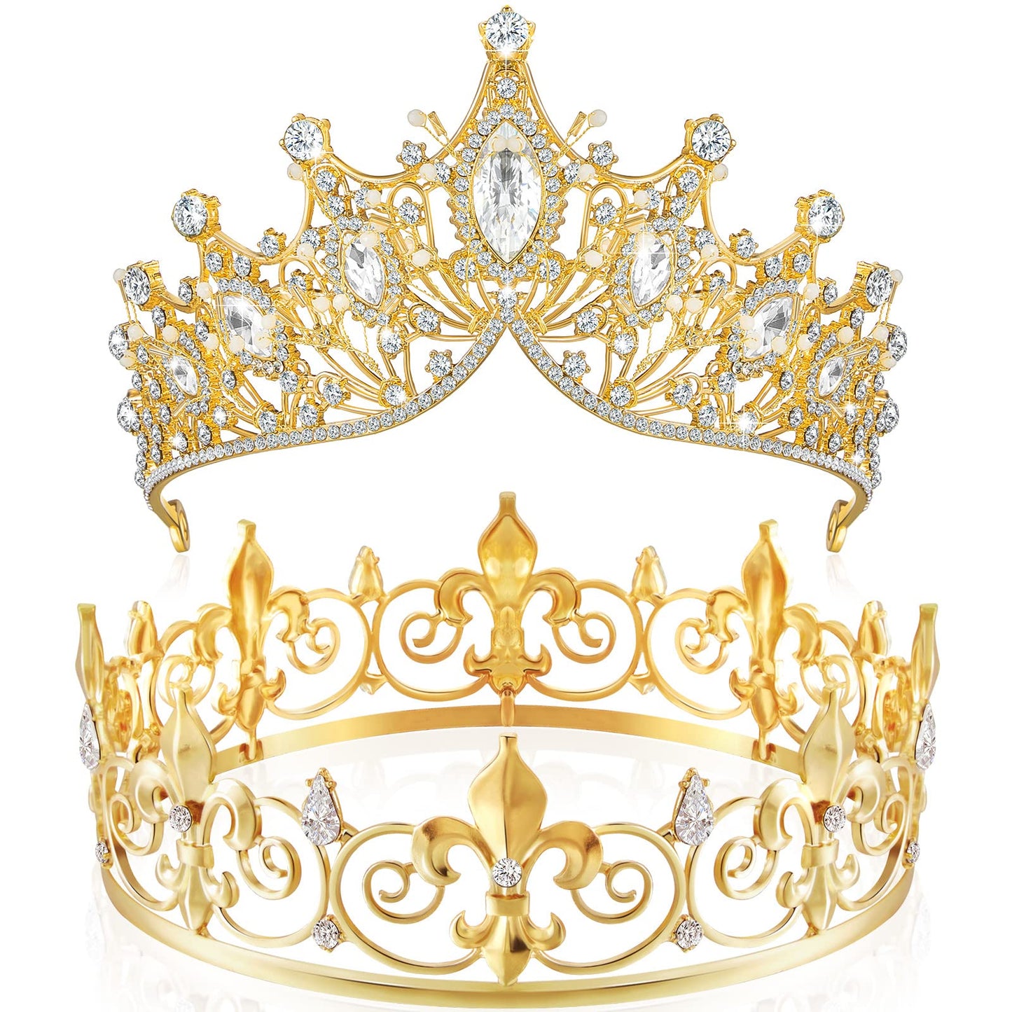 Junkin 2 Pcs Crowns for Men Women Baroque Queen Crown King Prince Tiara Princess Crystal Headband Rhinestone Prom Party(Gold)