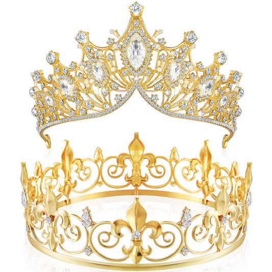 Junkin 2 Pcs Crowns for Men Women Baroque Queen Crown King Prince Tiara Princess Crystal Headband Rhinestone Prom Party(Gold)