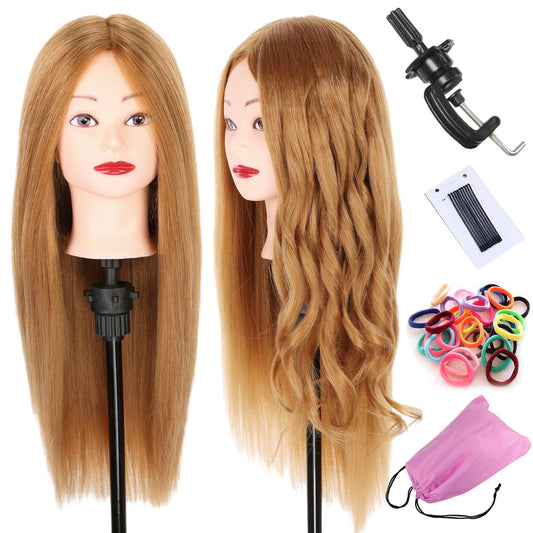 20 Inch Mannequin Head Hair Styling 60% Human Hair Training Head Manikin Cosmetology Doll Head Hair Hairdressing training model with clamp Golden Color