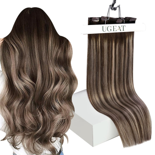 Ugeat 16inch Clip in Hair Extensions Human Hair Balayage Color Dark Brown Mixed with Ash Blonde 120Gram Real Hair Extensions Clip in Human Hair 7pcs