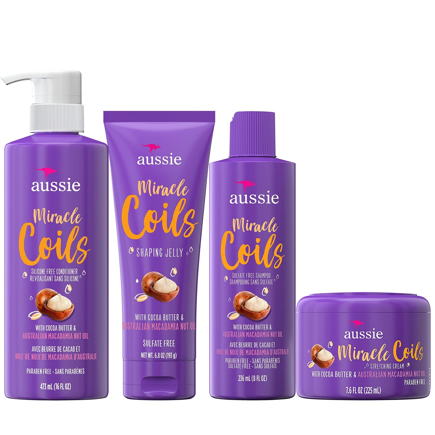 Aussie Miracle Coils Collection, Shampoo, Conditioner, Shaping Jelly & Stretching Cream, For Curly Hair, Made with Australian Macadamia Nut Oil, Sulfate & Paraben Free , White , 4 Piece Set