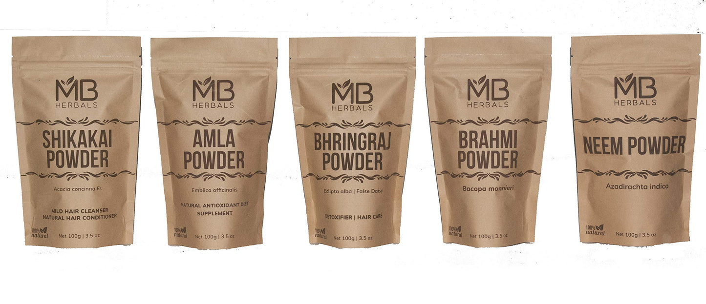 MB Herbals Hair Care Powders COMBO Pack | Shikakai | Neem | Brahmi | Amla | Bhringaraj | Powders | 100 Grams Each - Packaging May Vary