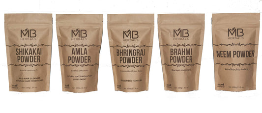 MB Herbals Hair Care Powders COMBO Pack | Shikakai | Neem | Brahmi | Amla | Bhringaraj | Powders | 100 Grams Each - Packaging May Vary