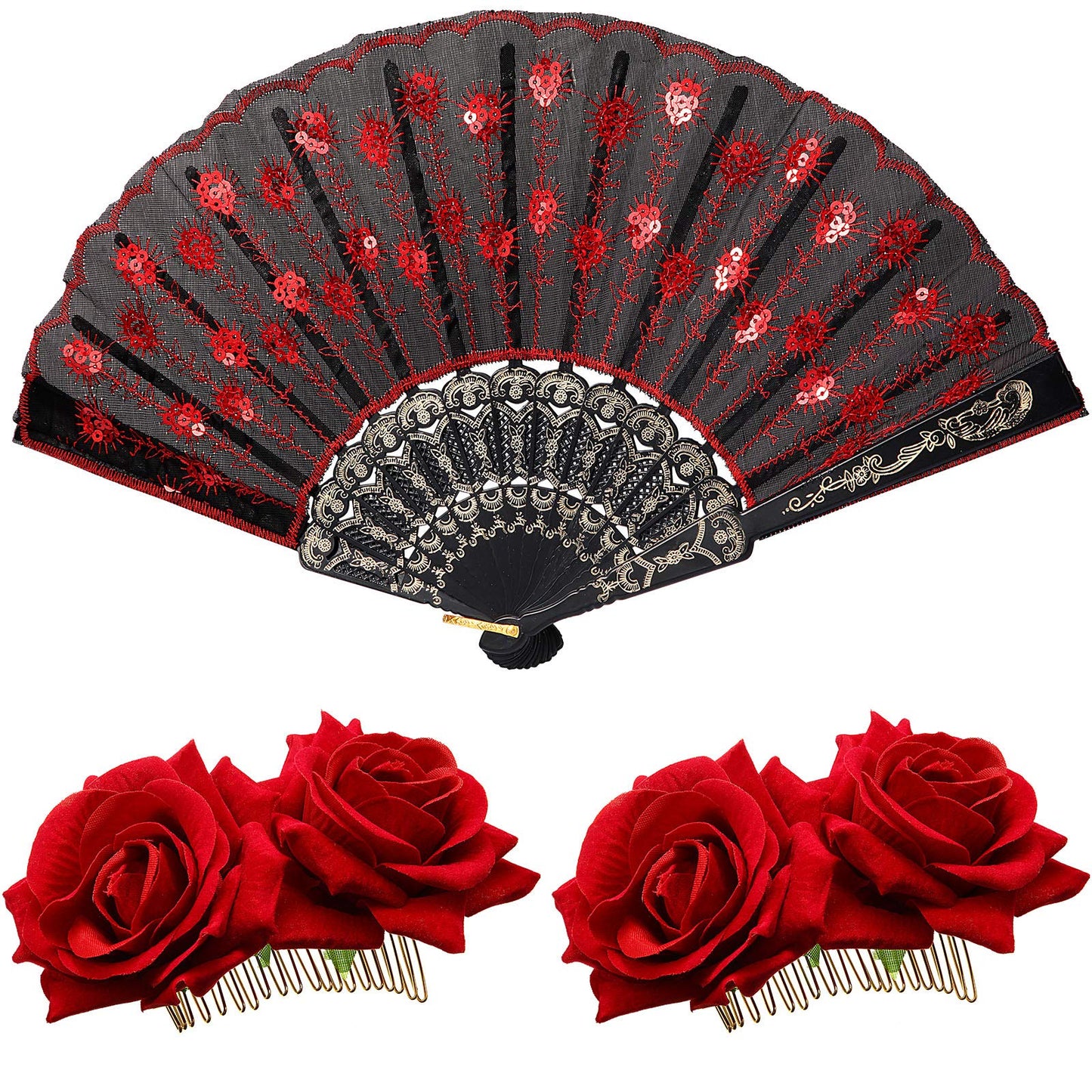 2 Pieces Women Rose Flower Hair Clip and Embroidered Sequins Fabric Handheld Folding Fan Hair Accessories for Flamenco Dancer Costume Accessories Girl Halloween Cosplay Party