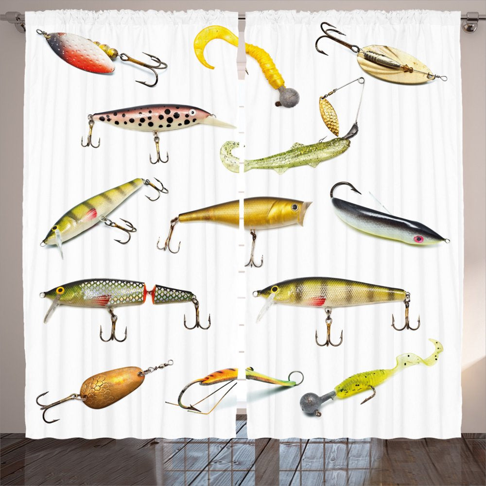 Fishing Decor Curtains 2 Panels Set, Fishing Tackle Bait for Spearing Trapping Catching Aquatic Animals Molluscs Design, Window Drapes for Living Room Bedroom, 108W X 84L Inches, Multi, by Ambesonne