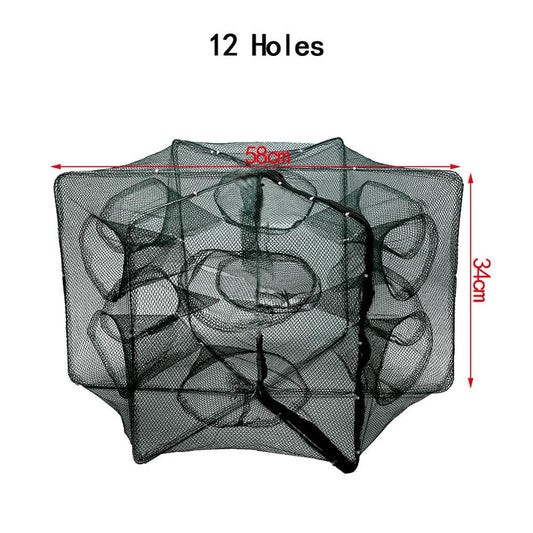 Fdit Fishing Gear,6/12 Holes Automatic Fishing Net Shrimp Cage Nylon Foldable Crab Fish Trap Cast