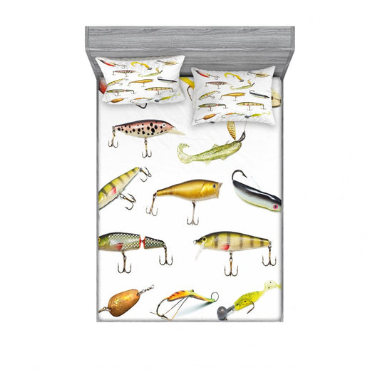 Fishing Bedding Set with Sheet & Covers, Fishing Tackle Bait for Spearing Trapping Catching Aquatic Animals Molluscs Design, Printed Bedroom Decor 2 Shams, 4 Sizes, Multicolor, by Ambesonne