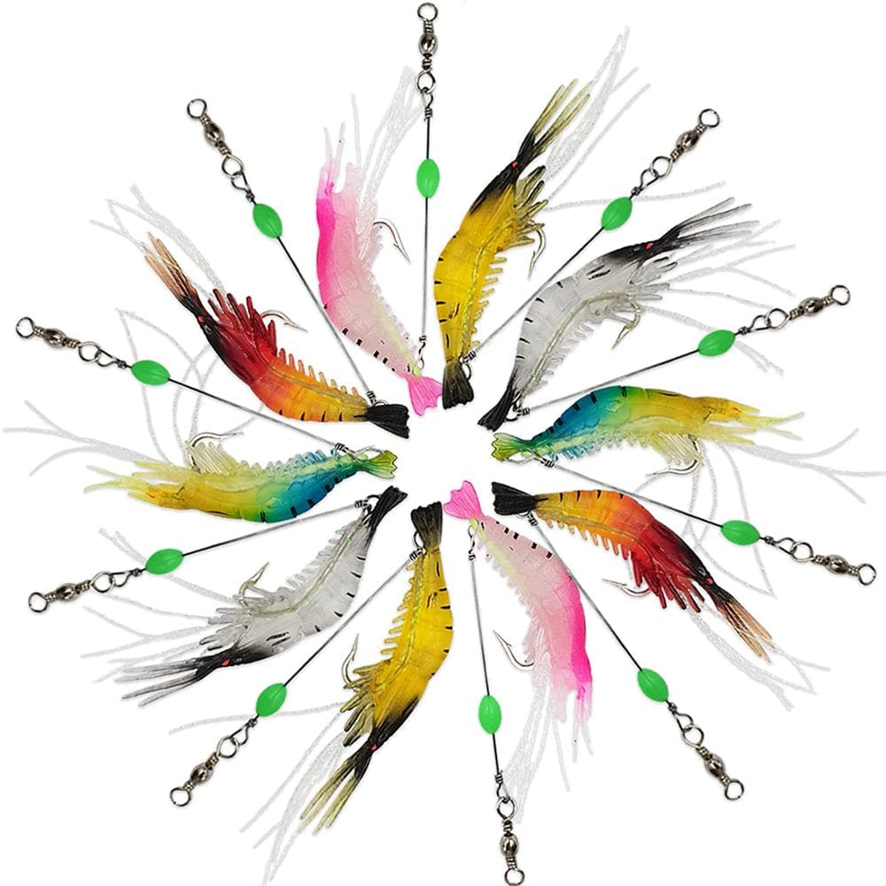 Guasslee 10Pcs Plastic Shrimp Bait Set with Sharp Hook Fishing Tackles