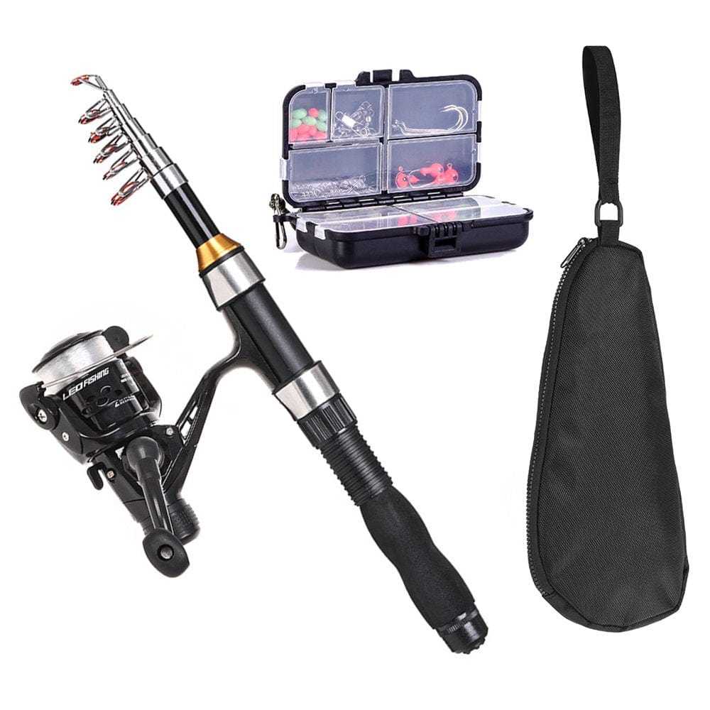 LEO Fishing Rod Reel Combo Full Kit with Hooks Soft Lures Barrel Swivels Storage Bag