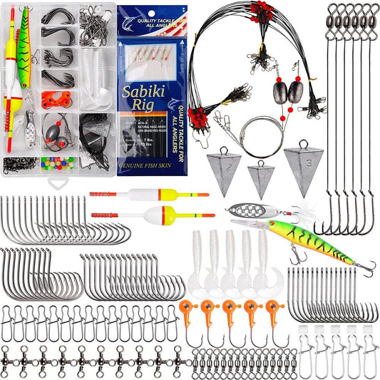 Saltwater Surf Fishing Tackle Kit - 180Pcs Fishing Bait Rigs Saltwater Fishing Lure Minnow Spoon Fishing Hooks Pyramid Sinker Leaders Swivel Slip Bobbers Beach Fishing Gear Various Fishing Accessories