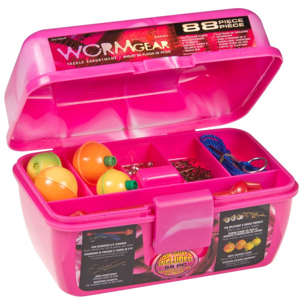 South Bend Worm Gear 88-Piece Loaded Fishing Tackle Box, Pink